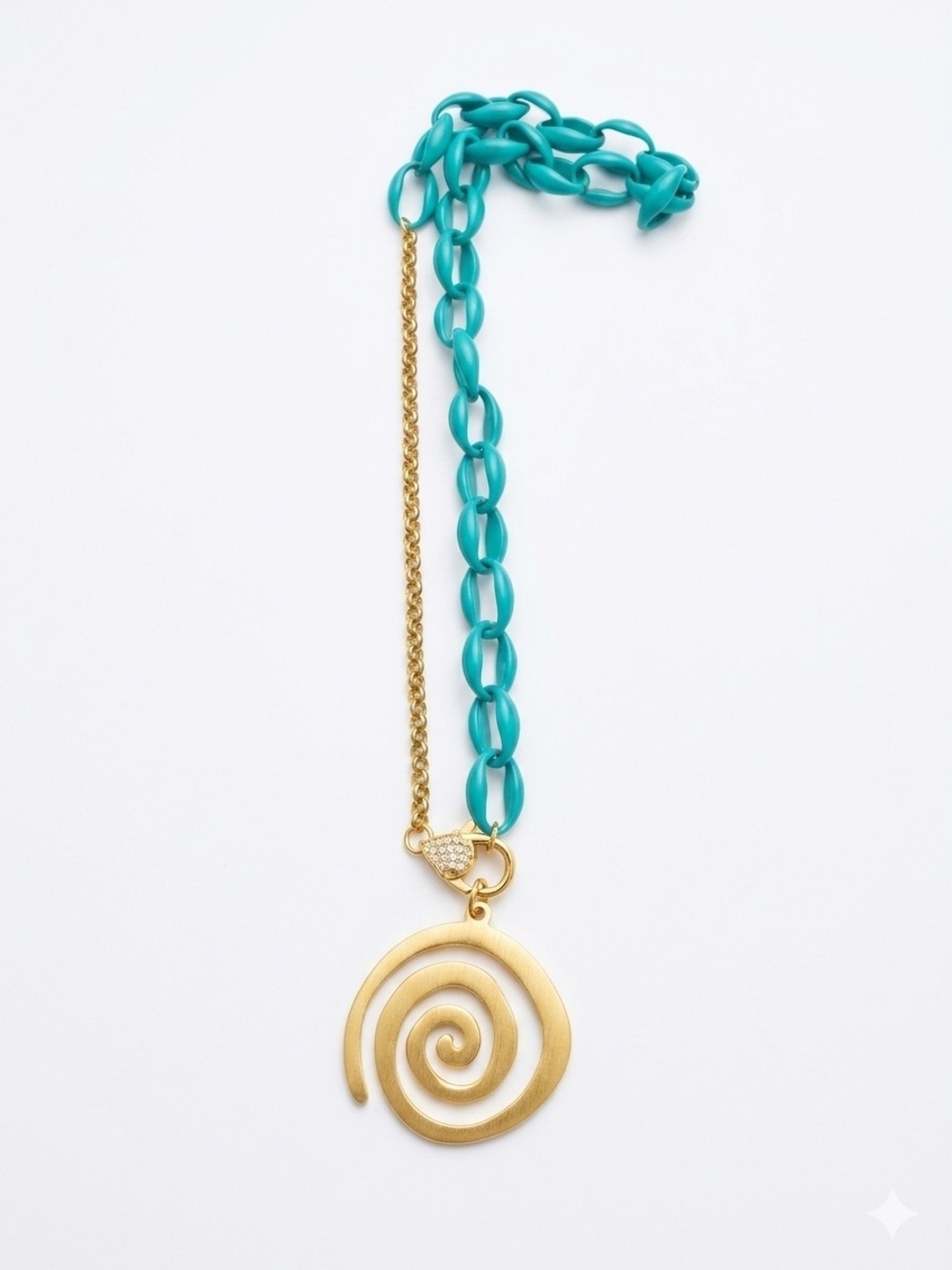 Gold Aluminum Spiral Pendant Necklace with Teal Chain
